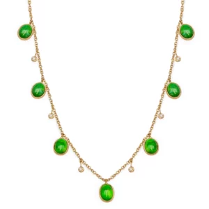 Colier cabochon turquoises vertes diamants or jaune - Gbyg